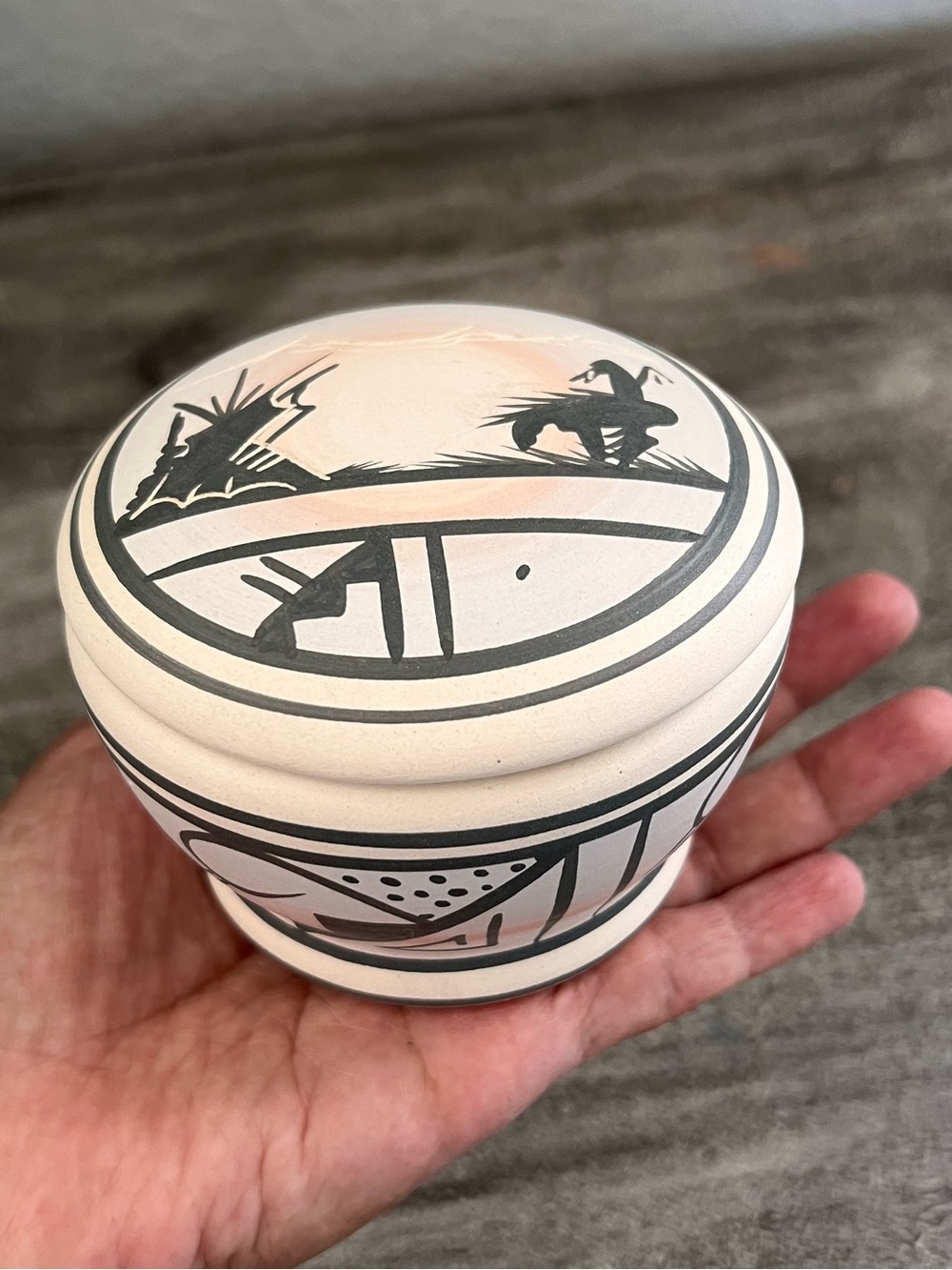 Small Navajo Trinket jar with lid: Black/ White Native Warrior and Horse Signed